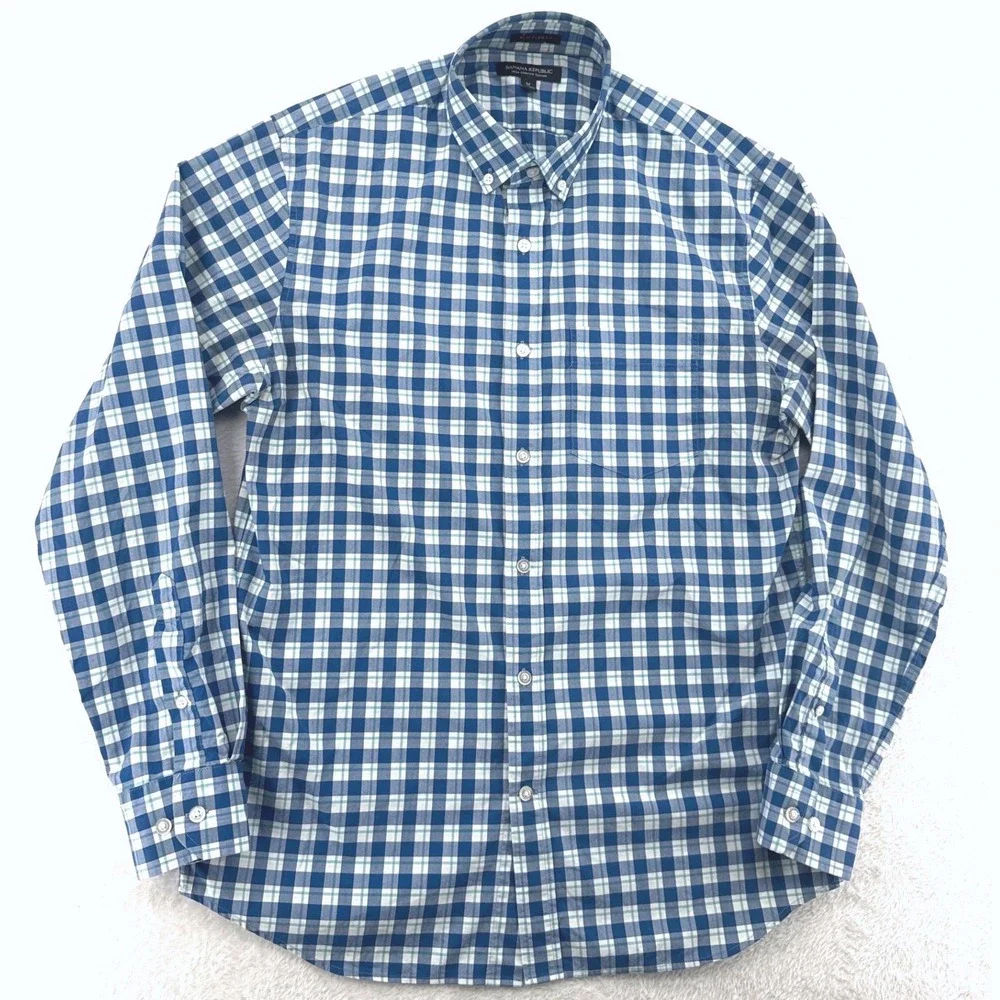 Banana Republic Mens Button Down Shirt M Blue Gingham Slim Flex Tech Stretch